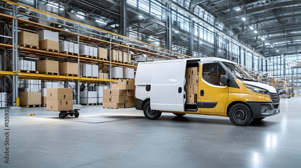 Poster An autonomous cargo van maneuvering inside a large warehouse utilizing sensors to detect and navigate the loading docks for efficient package delivery and unloading