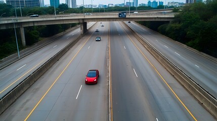 An aerial view of a busy metropolitan highway cutting through the heart of the city with various vehicles seamlessly navigating the interconnected infrastructure