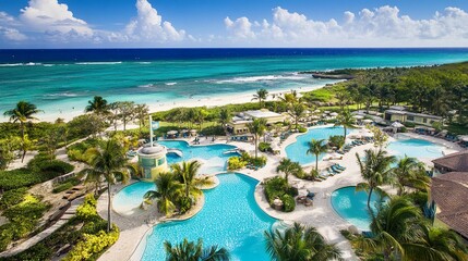 Fototapeta premium Aerial view of a luxury Caribbean beach resort, tropical palm-lined pathways, sparkling pools near white sandy beaches, turquoise waters beyond, vibrant midday sunlight 