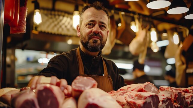A butcher stands behind a counter full of fresh meat. He is wearing a black apron and a white shirt. He has a beard and a mustache.