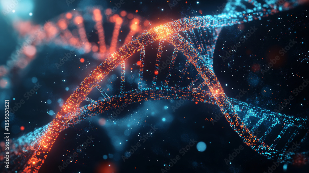 Poster coding synthetic dna helix. nanotechnology and medical research. stream of binary code in cyberspace