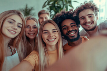 Diverse group of smiling young friends colleagues taking selfie in bright modern interior