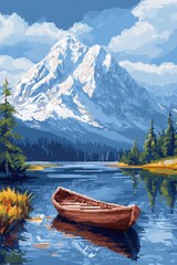 Obraz premium Serene Landscape with a Wooden Boat Floating on Calm Waters Surrounded by Majestic Mountains and Lush Green Forests Under a Bright Blue Sky, Pixel art