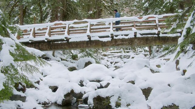 Winter Hiker Crossing Scenic Bridge Over Snow Pillows