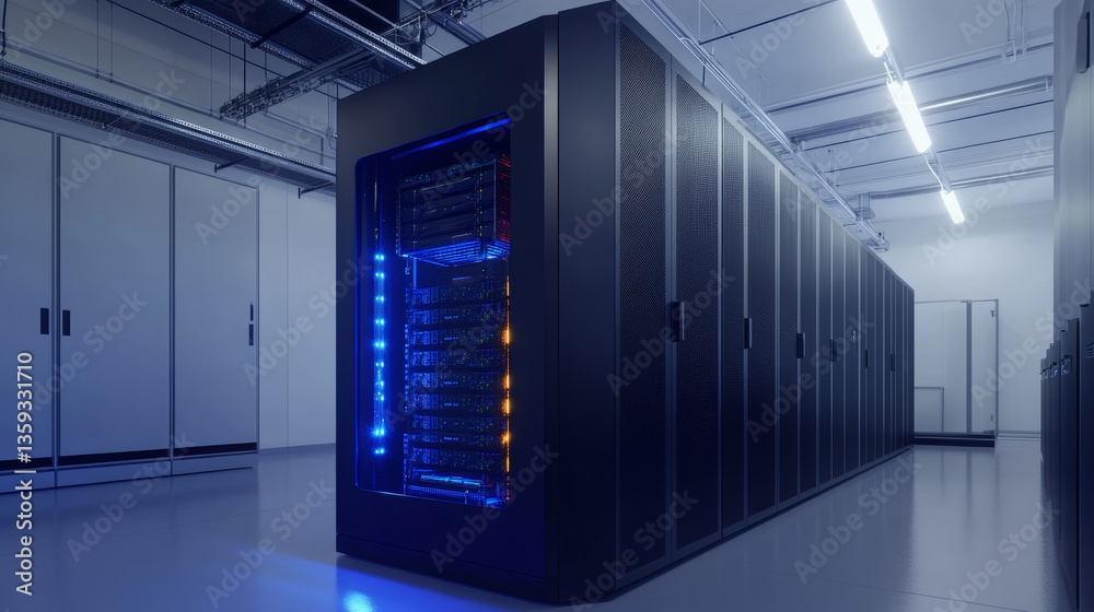 Poster futuristic data center. big data analytics platform. quantum processor in the global computer networ