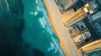 Aerial view of Dubai's coastline with towering skyscrapers lining a pristine beach, turquoise water meeting golden sand, soft midday sunlight
