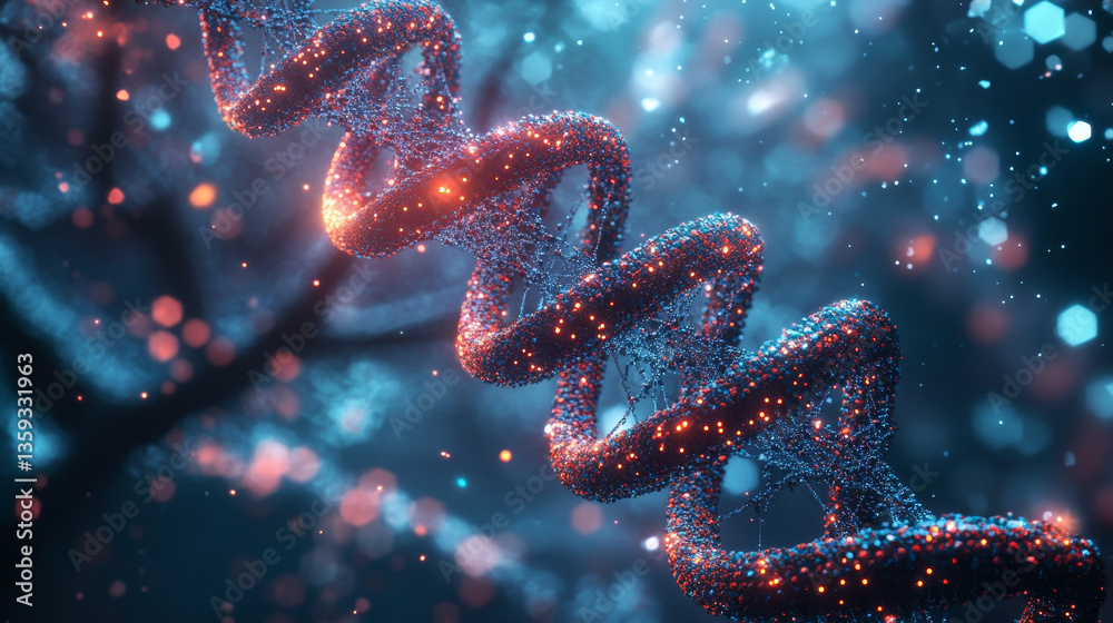 Poster coding synthetic dna helix. nanotechnology and medical research. stream of binary code in cyberspace