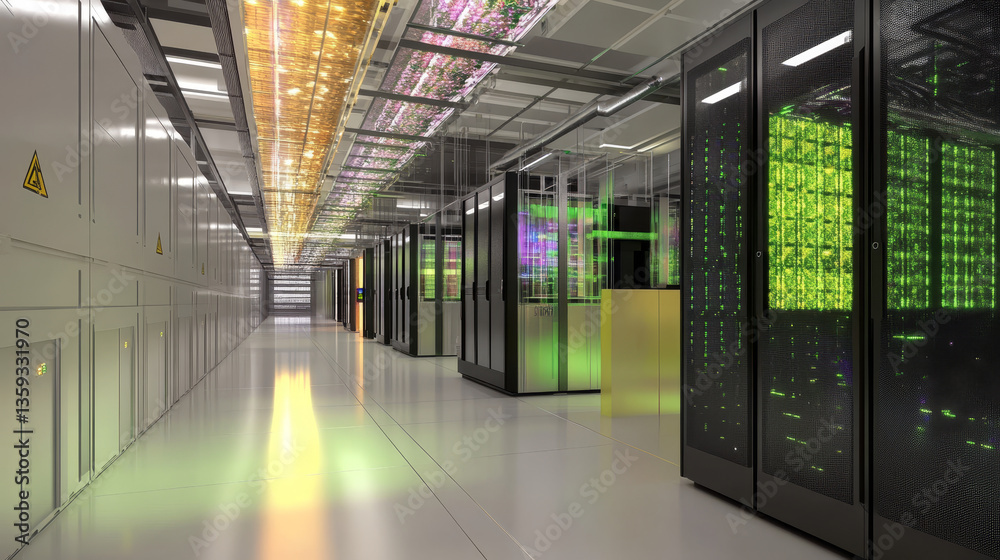 Poster futuristic data center. big data analytics platform. quantum processor in the global computer networ