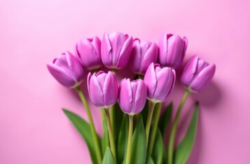 Fototapeta premium Cluster of vibrant pink tulips on a solid pink background