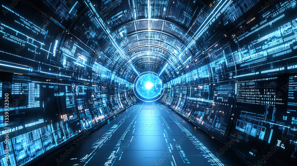 Poster futuristic data center. big data analytics platform. quantum processor in the global computer networ