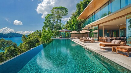 Obraz premium Beachfront villa with a sprawling infinity pool, glass facades reflecting golden sunlight, tropical greenery surrounding the property 