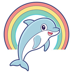 Obraz premium Cheerful Cartoon Dolphin Character with Colorful Rainbow on Isolated White Background