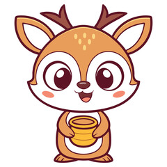 Cute Fawn Cartoon Character. Happy Spotted Deer Standing Holding Gold Pot Art