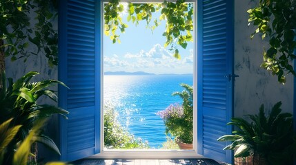 Blue shutters swinging open to reveal calm sea views, gentle sunlight reflecting off the ocean surface, lush coastal plants framing the scene 