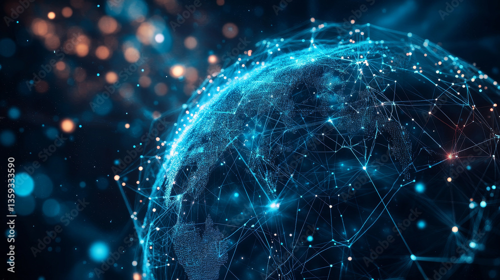 Poster cybersecurity. global network. blockchain 3d illustration. neural networks and artificial intelligen