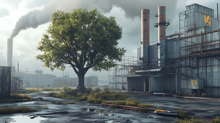 Obraz premium The giant tree on middle industrial area with lots of metal construction and pipes. Nature versus pollution, Industrial influence on nature