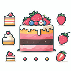 illustration, cake, vector, celebration, decoration, birthday, design, party, dessert, pink, cute, wedding, sweet, set, delicious, background, holiday, colorful, collection, chocolate, bakery, cherry,