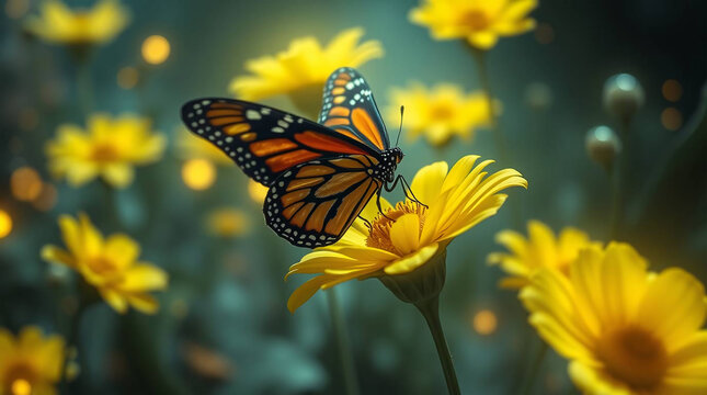 Butterfly on yellow flower in the garden, nature background.