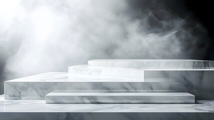 Mysterious fog rolling over marble steps indoor setting visual art dramatic atmosphere low angle conceptual design
