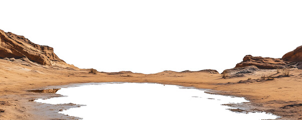 Drying Lake in a Desert Landscape with Cracked Earth and Arid Terrain,  on transparent background , png , cutou