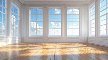 Obraz premium Bright and airy luxury living room, unfurnished with polished wooden floors, large windows framing open blue sky 