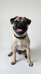 Cute happy dog sitting and posing on white background, Pug dog 