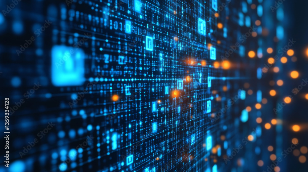 Poster datum and coding. blocks of information, big data and business technology. blockchain 3d illustratio