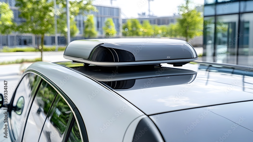 Aufkleber close up view of a compact streamlined lidar sensor module installed on the roof of a electric car s