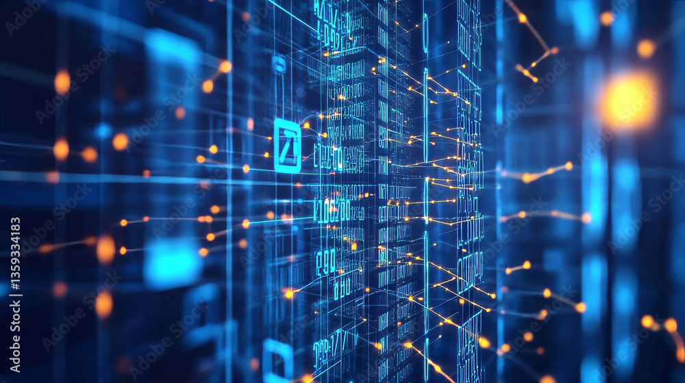 Poster datum and coding. blocks of information, big data and business technology. blockchain 3d illustratio