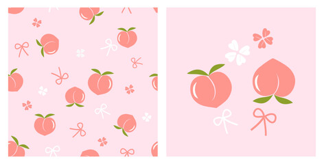 Seamless pattern of peach fruit with green leaves, cute flower and ribbon bows on pink background vector.
