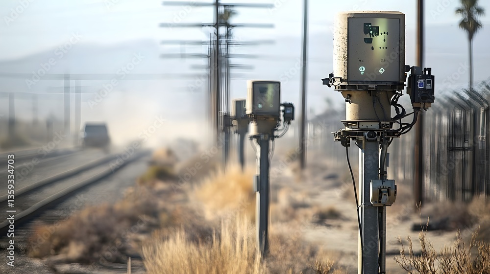 Fototapete Close up view of advanced LiDAR sensors dynamically adjusting their scanning patterns to detect potential obstacles amidst the challenging conditions of a dust storm in an industrial setting