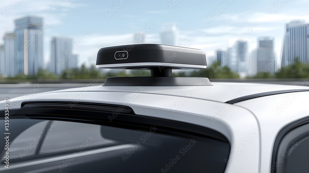 Poster close up view of a high tech lidar sensor module mounted on the roof of a modern futuristic electric
