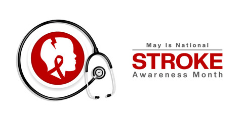 May Is National Stroke Awareness Month. Human, ribbon and stethoscope. Great for posters, banners, social media and more. White background. 