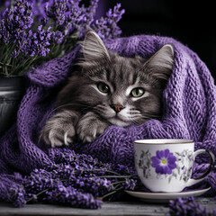 Norwegian Forest Cat wrapped in a cozy weighted blanket