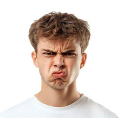 A Man with an Irritated Expression Lips Pressed Tight Isolated on Transparent Background