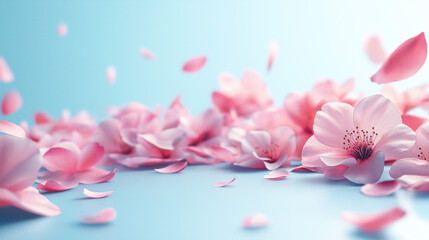 Obraz premium Cherry blossoms with soft pink petals scattered on a light blue surface create a dreamy and romantic atmosphere