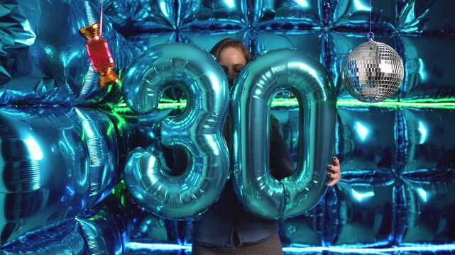 Woman Holding Number 30 Balloon Elegant 30th Party Decoration in Blue Background Celebration Anniversary thirthy Theme 