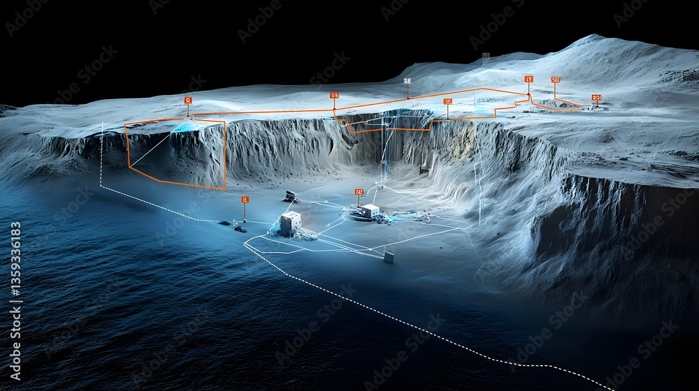Aufkleber Detailed digital simulation of geological formations and tectonic plate activity including fault lines and potential shifts based on advanced analysis and data modeling