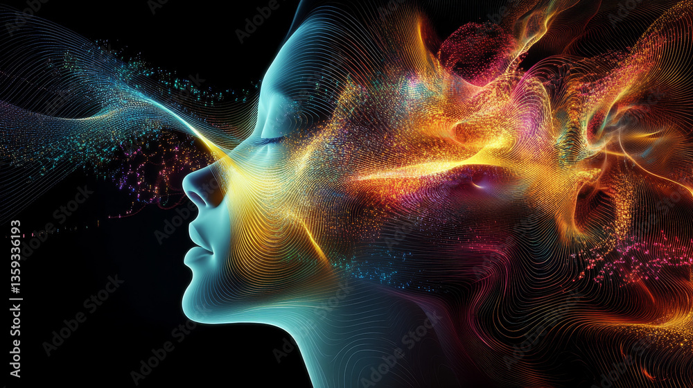 Poster information loop, encoded data, data stream 3d illustration. linear waves in cyberspace. electrical 