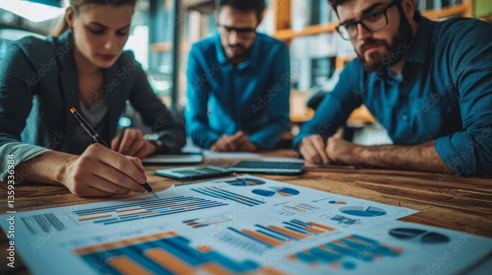 Poster three professionals engage in a thoughtful brainstorming session at a stylish office, surrounded by 