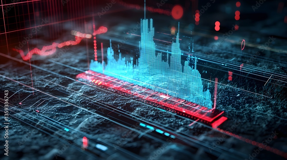 Aufkleber Futuristic 3D visualization of an AI driven geological simulation that combines Lidar and radar data to generate predictive models of the terrain and urban infrastructure