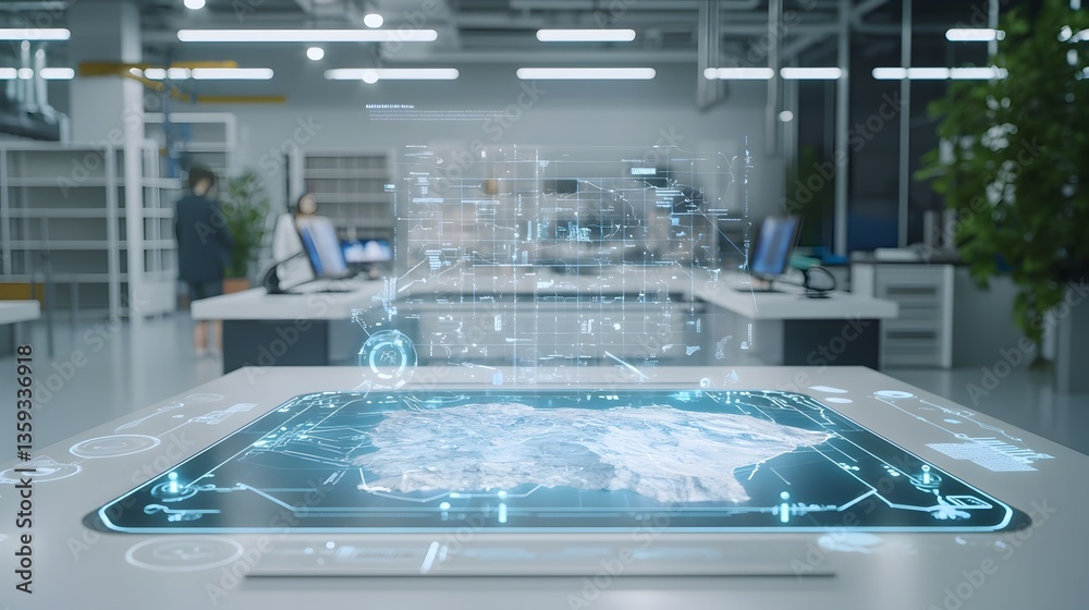 Fototapete Futuristic holographic display showcasing advanced 3D geological mapping and data visualization in a modern high tech research laboratory setting