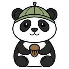 Adorable Panda Bear Cartoon Wearing Hat Holding Acorn, Bold Outline, Isolated on White