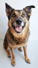 Fototapeta premium Cute happy dog sitting and posing on white background, German Shepherd dog