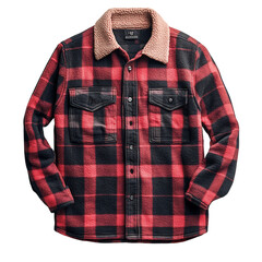A Sherpa Lined Flannel Jacket in Red and Black Plaid Isolated on Transparent Background