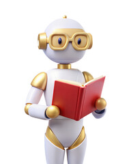 Obraz premium A 3D icon of futuristic robot with glasses reading a red book, isolated on white background. Ideal for education, learning, and technology themes.