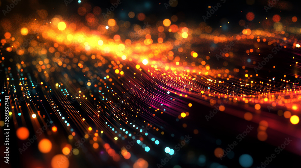 Poster quantum flow of information. strings, beams of digital flow. cpu, processor and data loop. tension, 