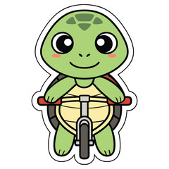 Cute Green Cartoon Turtle Character Riding Bicycle with Big Eyes and Smiling Face