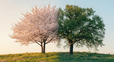 Fototapeta premium Tree illustrating seasons with one half blossoming and other green