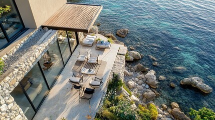 Coastal Mediterranean retreat, expansive glass doors, shaded pergola, rocky shoreline below 